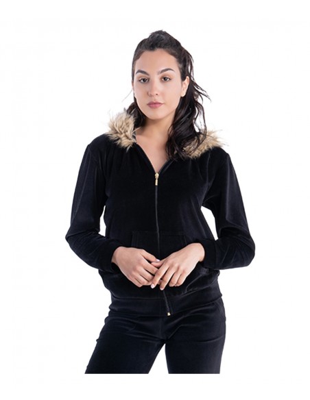 Rachel Γυναικεία Πυτζάμα-Φόρμα Βελουτέ Κουκούλα Γούνα