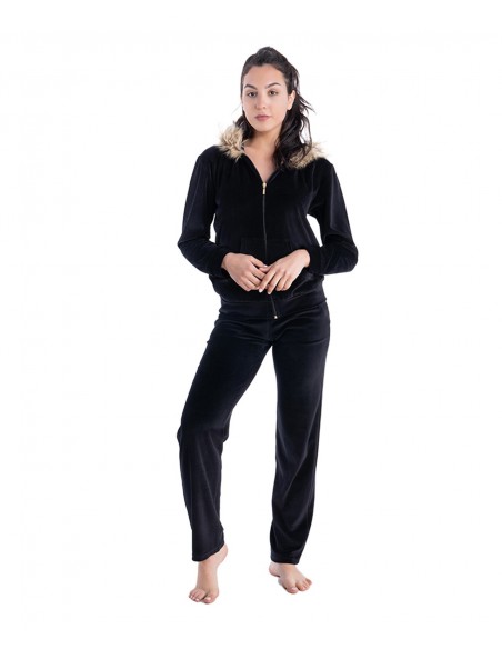 Rachel Γυναικεία Πυτζάμα-Φόρμα Βελουτέ Κουκούλα Γούνα